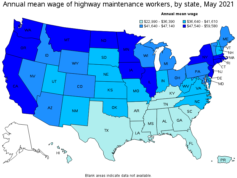 Map of annual mean wages of highway maintenance workers by state, May 2021