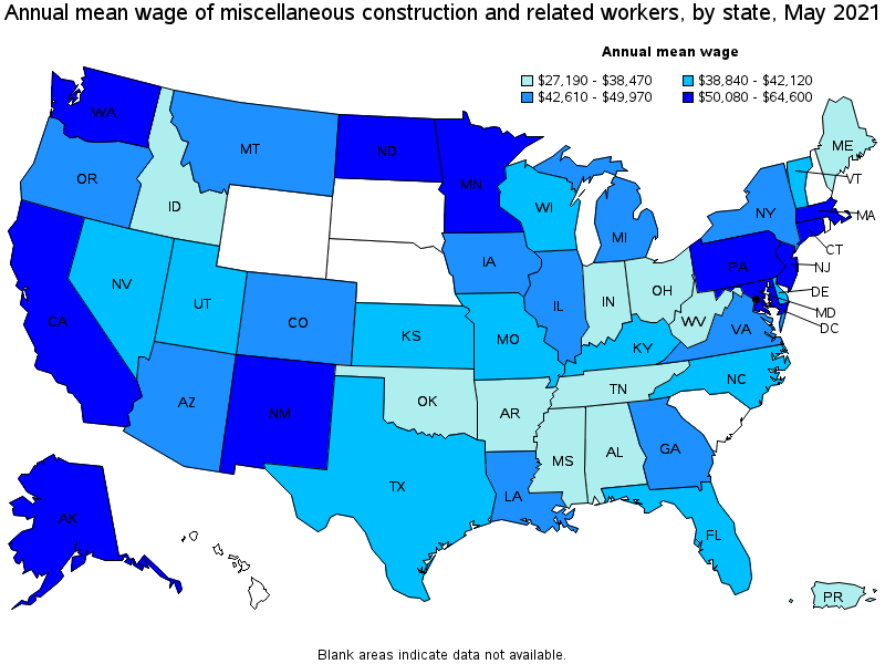 Map of annual mean wages of miscellaneous construction and related workers by state, May 2021