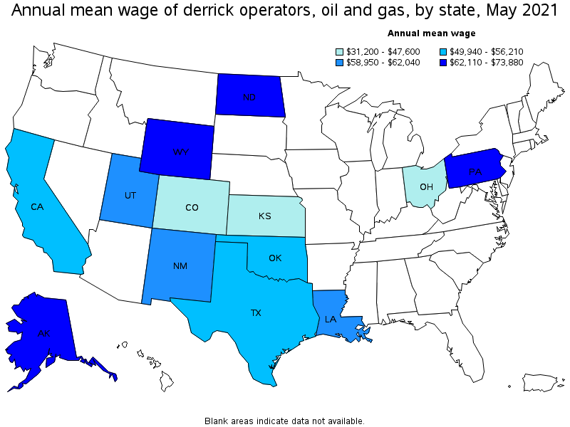 Map of annual mean wages of derrick operators, oil and gas by state, May 2021