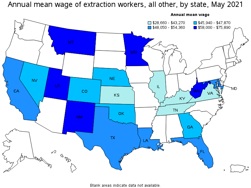 Map of annual mean wages of extraction workers, all other by state, May 2021
