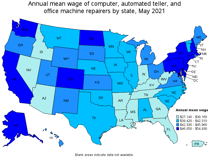 Map of annual mean wages of computer, automated teller, and office machine repairers by state, May 2021