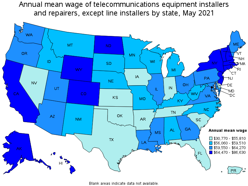 Map of annual mean wages of telecommunications equipment installers and repairers, except line installers by state, May 2021