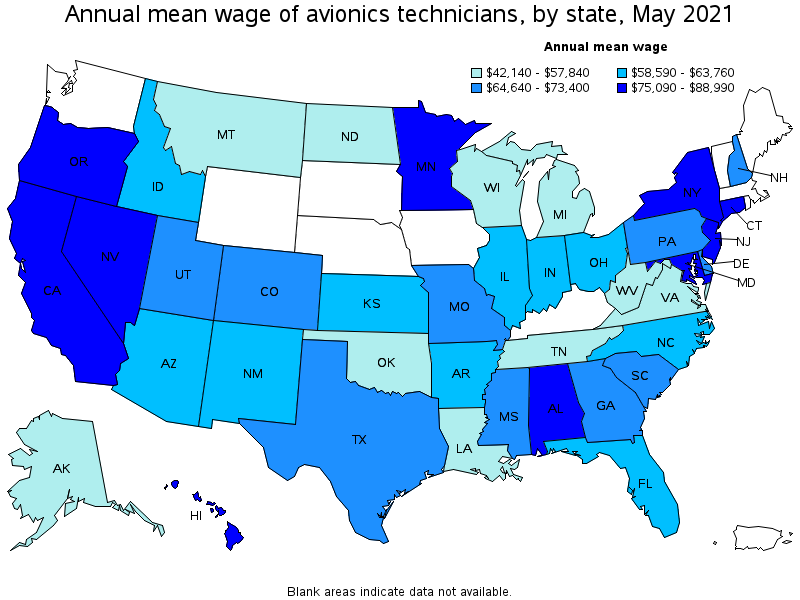 Map of annual mean wages of avionics technicians by state, May 2021