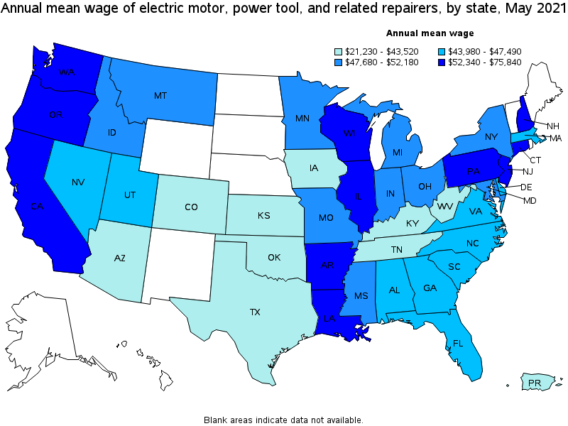 Map of annual mean wages of electric motor, power tool, and related repairers by state, May 2021