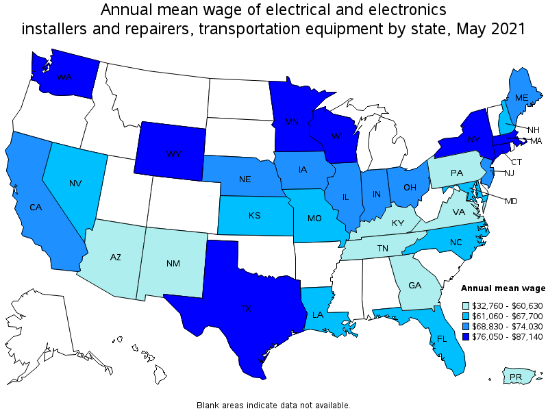 Map of annual mean wages of electrical and electronics installers and repairers, transportation equipment by state, May 2021