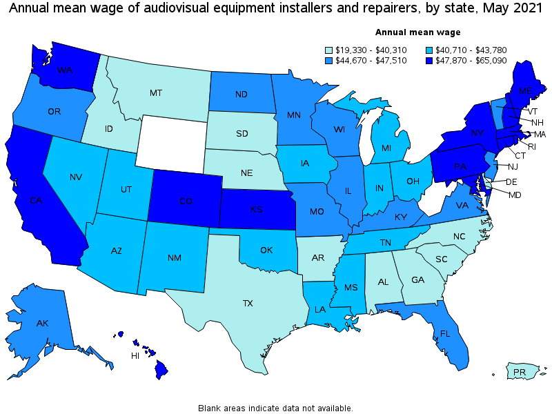 Map of annual mean wages of audiovisual equipment installers and repairers by state, May 2021