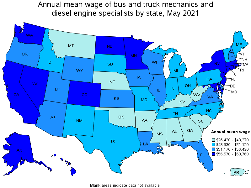 Map of annual mean wages of bus and truck mechanics and diesel engine specialists by state, May 2021