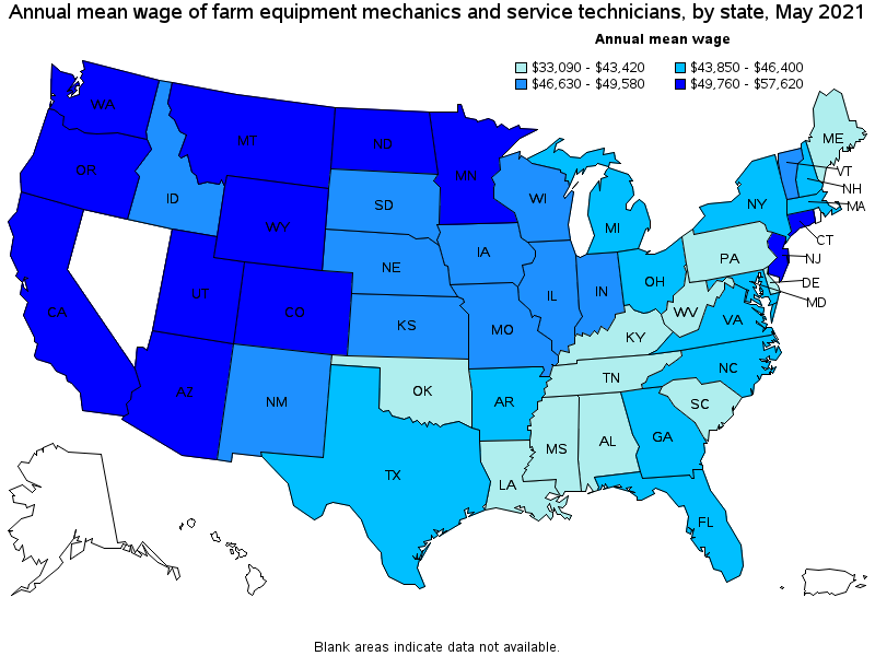 Map of annual mean wages of farm equipment mechanics and service technicians by state, May 2021