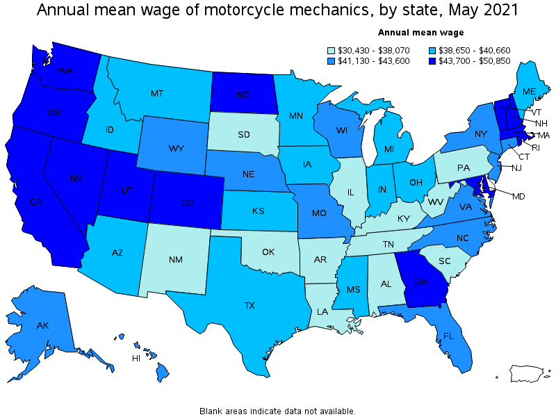 Map of annual mean wages of motorcycle mechanics by state, May 2021