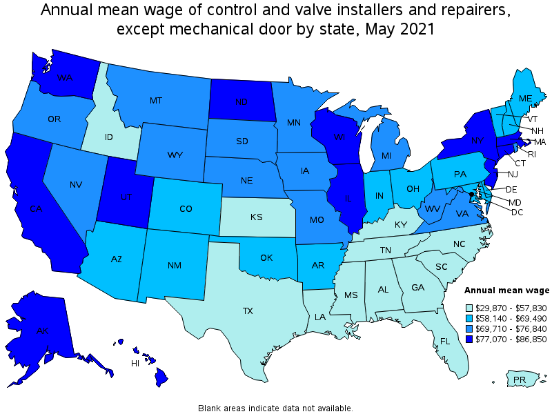 Map of annual mean wages of control and valve installers and repairers, except mechanical door by state, May 2021