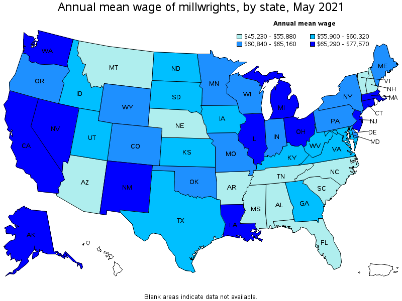 Map of annual mean wages of millwrights by state, May 2021