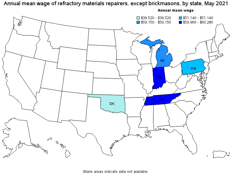 Map of annual mean wages of refractory materials repairers, except brickmasons by state, May 2021