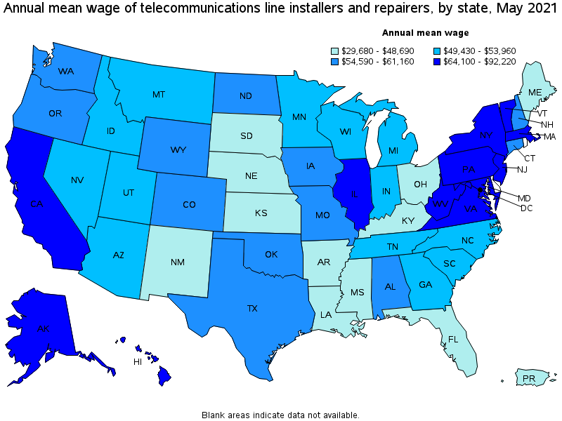 Map of annual mean wages of telecommunications line installers and repairers by state, May 2021