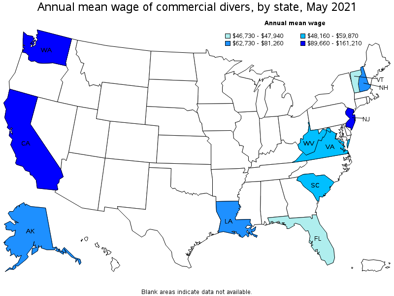 Map of annual mean wages of commercial divers by state, May 2021