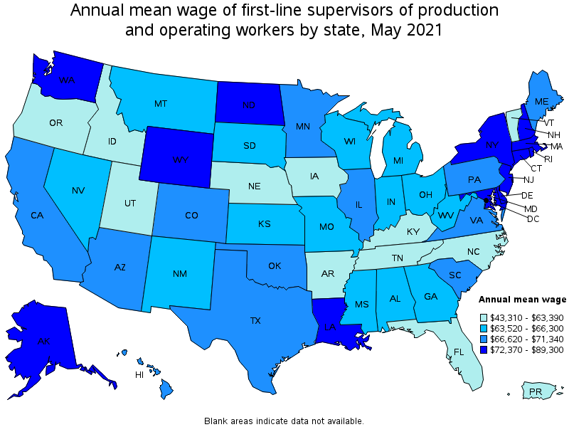 Map of annual mean wages of first-line supervisors of production and operating workers by state, May 2021