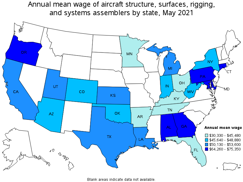 Map of annual mean wages of aircraft structure, surfaces, rigging, and systems assemblers by state, May 2021