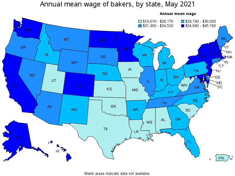 Map of annual mean wages of bakers by state, May 2021