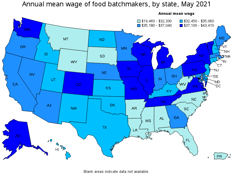 Map of annual mean wages of food batchmakers by state, May 2021