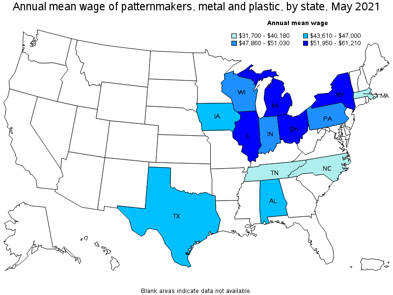 Map of annual mean wages of patternmakers, metal and plastic by state, May 2021