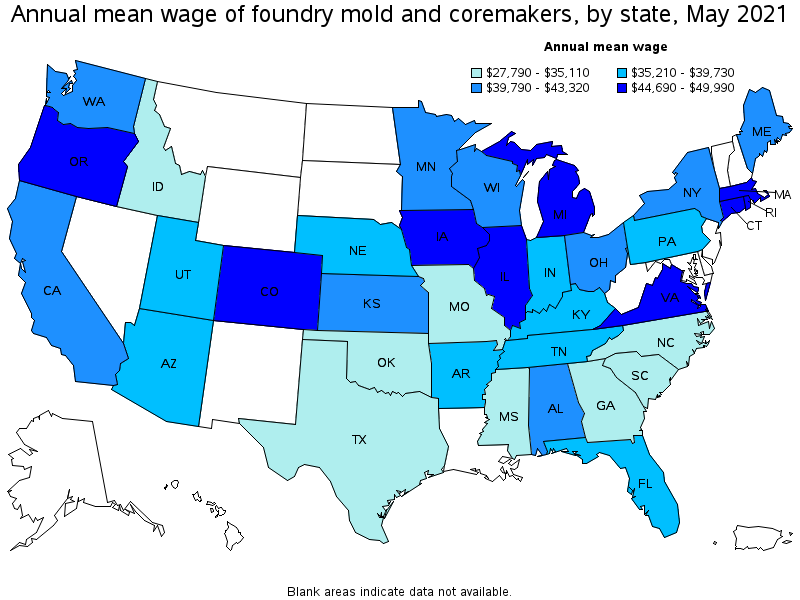 Map of annual mean wages of foundry mold and coremakers by state, May 2021