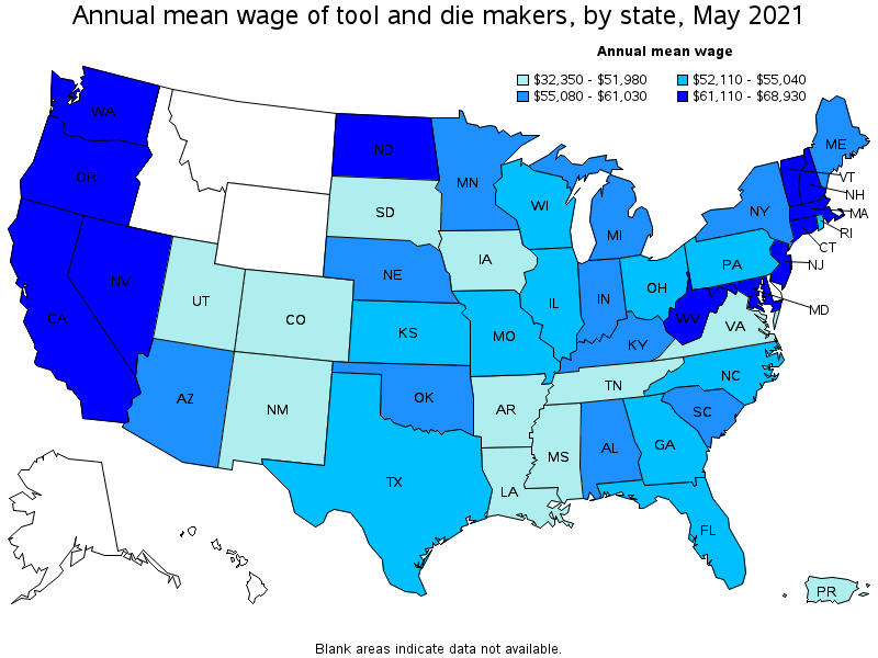 Map of annual mean wages of tool and die makers by state, May 2021