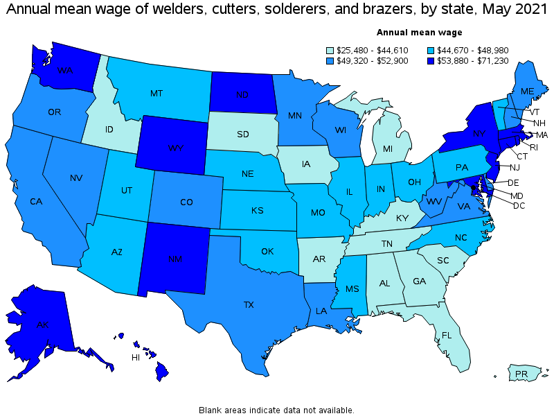 Map of annual mean wages of welders, cutters, solderers, and brazers by state, May 2021