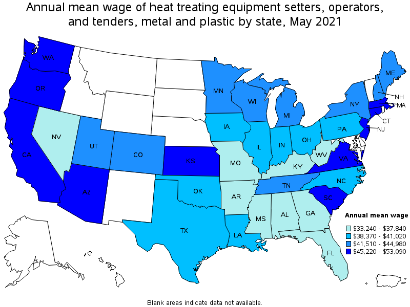 Map of annual mean wages of heat treating equipment setters, operators, and tenders, metal and plastic by state, May 2021