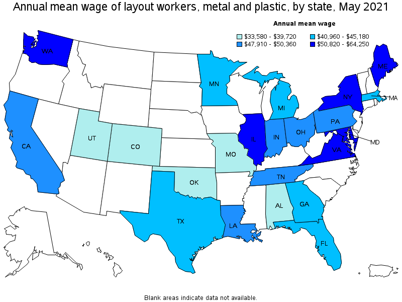 Map of annual mean wages of layout workers, metal and plastic by state, May 2021