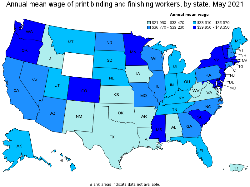 Map of annual mean wages of print binding and finishing workers by state, May 2021