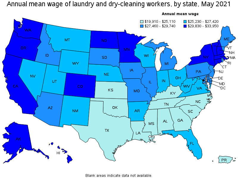 Map of annual mean wages of laundry and dry-cleaning workers by state, May 2021