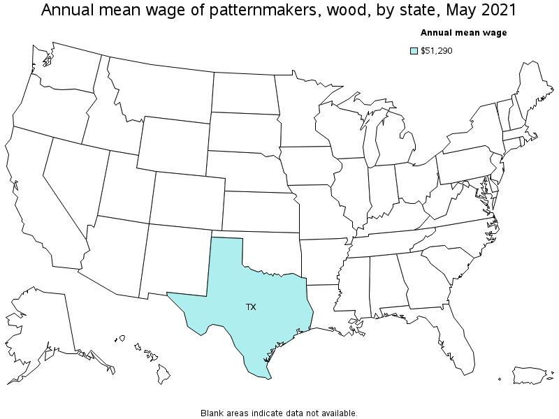 Map of annual mean wages of patternmakers, wood by state, May 2021