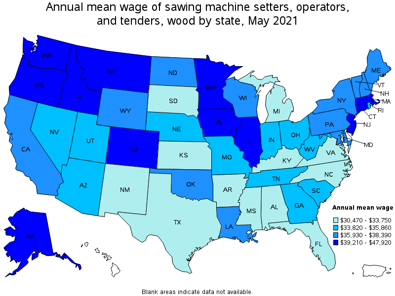 Map of annual mean wages of sawing machine setters, operators, and tenders, wood by state, May 2021