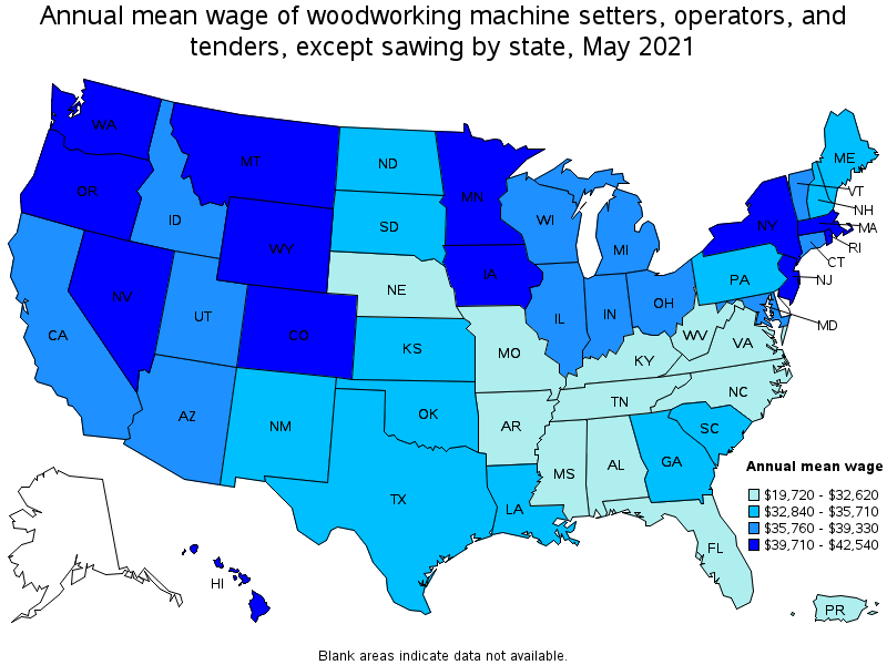 Map of annual mean wages of woodworking machine setters, operators, and tenders, except sawing by state, May 2021