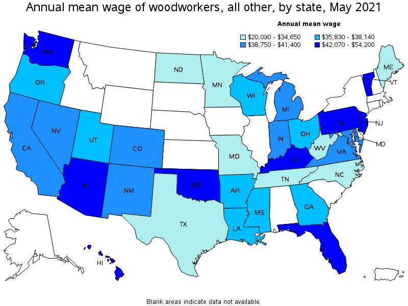 Map of annual mean wages of woodworkers, all other by state, May 2021