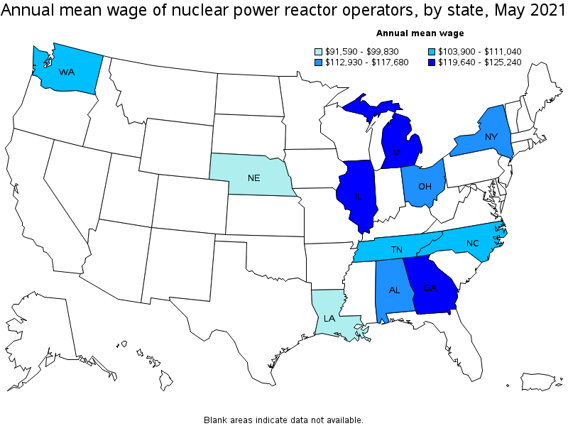 Map of annual mean wages of nuclear power reactor operators by state, May 2021