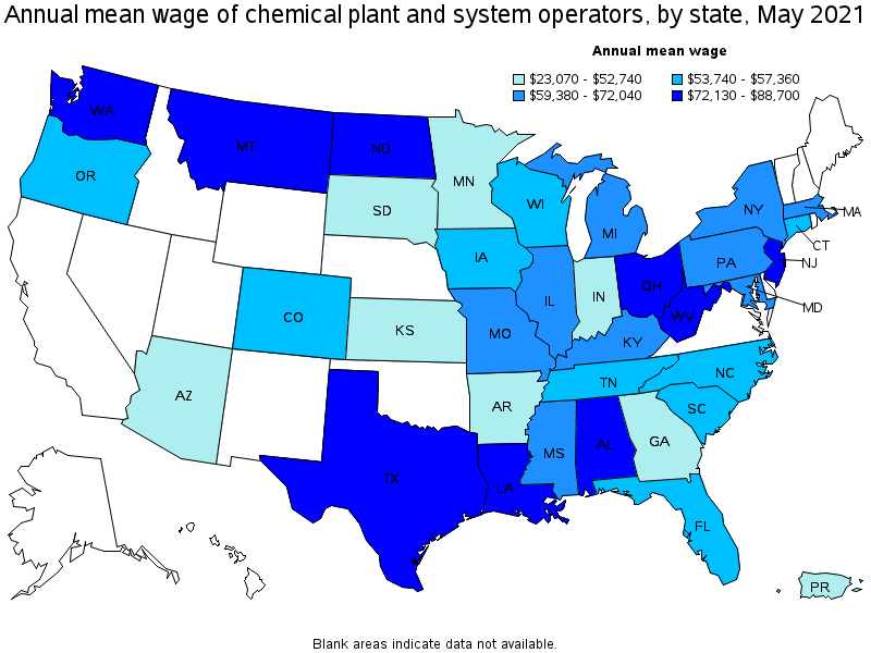 Map of annual mean wages of chemical plant and system operators by state, May 2021