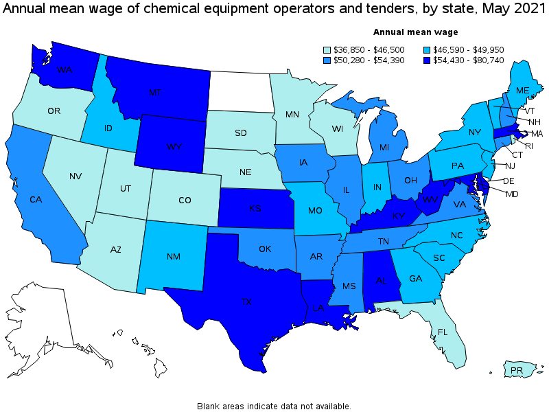 Map of annual mean wages of chemical equipment operators and tenders by state, May 2021