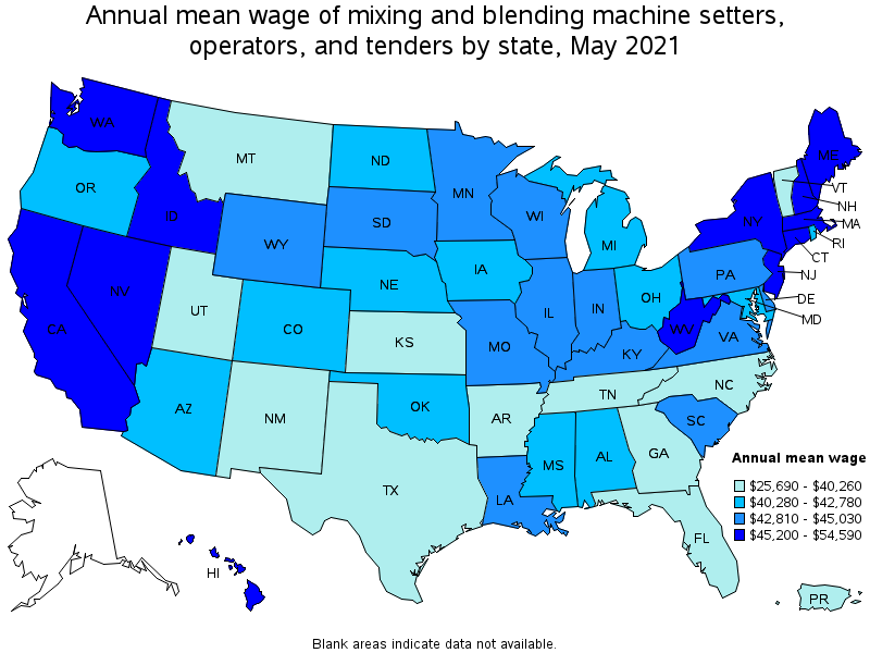Map of annual mean wages of mixing and blending machine setters, operators, and tenders by state, May 2021