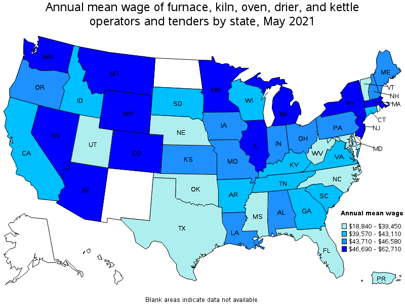 Map of annual mean wages of furnace, kiln, oven, drier, and kettle operators and tenders by state, May 2021