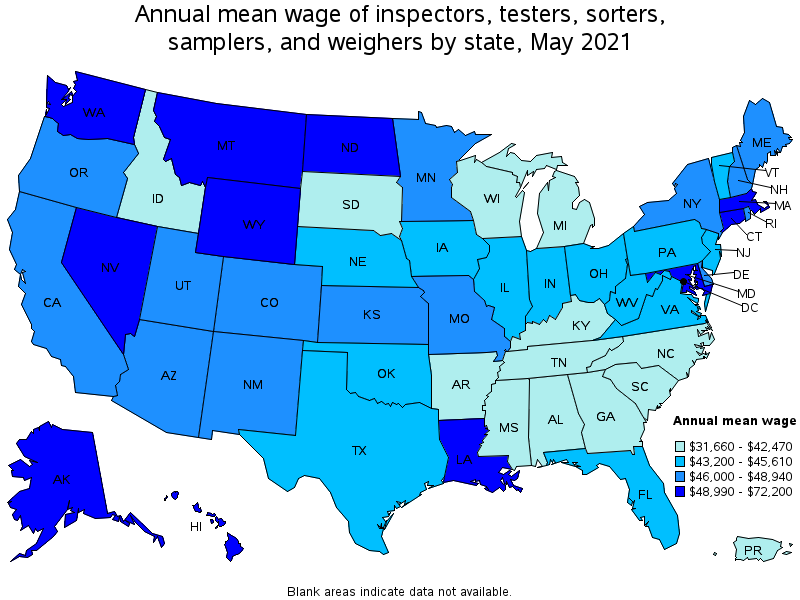 Map of annual mean wages of inspectors, testers, sorters, samplers, and weighers by state, May 2021