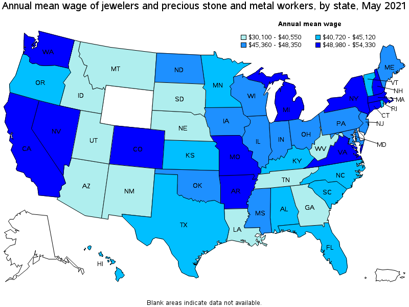 Map of annual mean wages of jewelers and precious stone and metal workers by state, May 2021