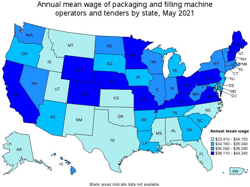 Map of annual mean wages of packaging and filling machine operators and tenders by state, May 2021