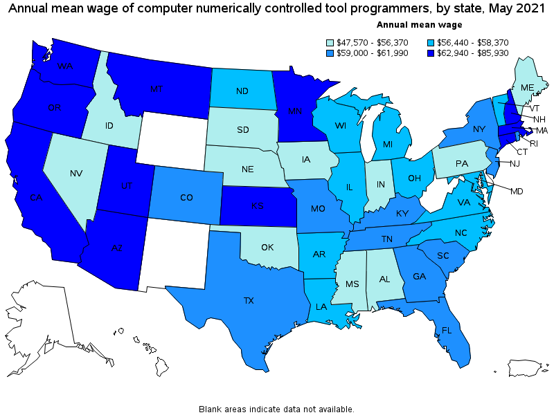 Map of annual mean wages of computer numerically controlled tool programmers by state, May 2021