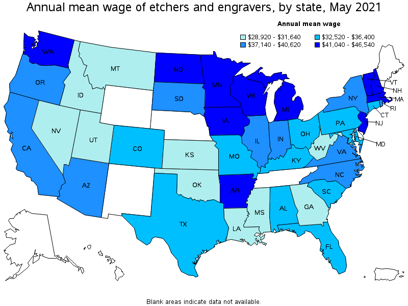 Map of annual mean wages of etchers and engravers by state, May 2021