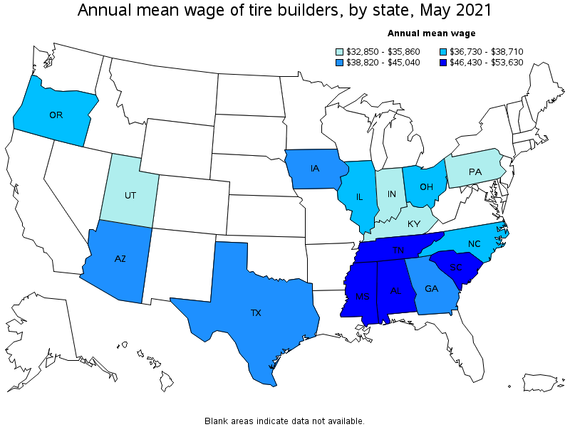 Map of annual mean wages of tire builders by state, May 2021