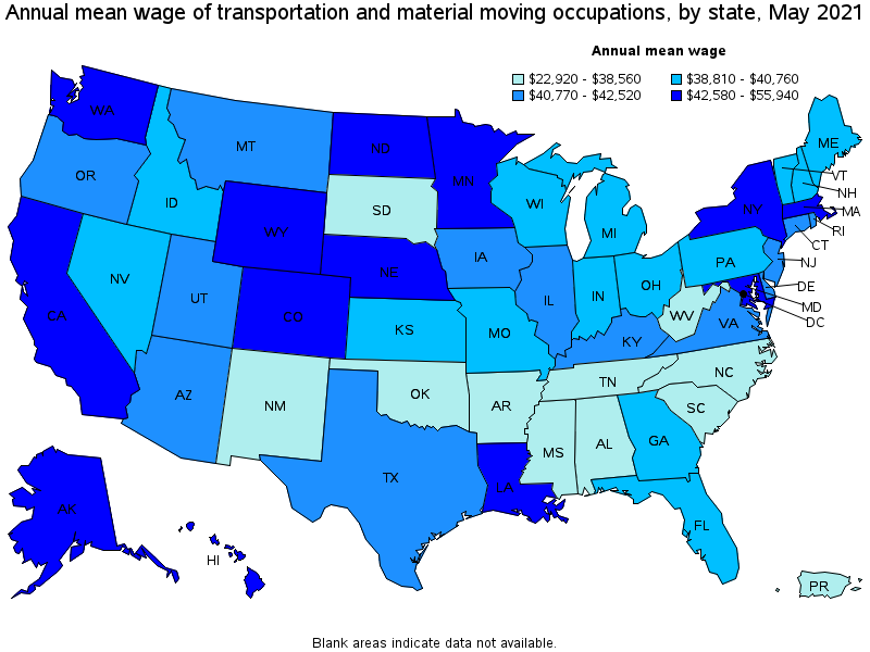 Map of annual mean wages of transportation and material moving occupations by state, May 2021