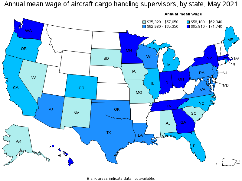 Map of annual mean wages of aircraft cargo handling supervisors by state, May 2021