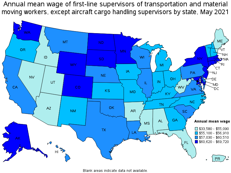 Map of annual mean wages of first-line supervisors of transportation and material moving workers, except aircraft cargo handling supervisors by state, May 2021