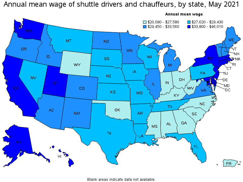 Map of annual mean wages of shuttle drivers and chauffeurs by state, May 2021