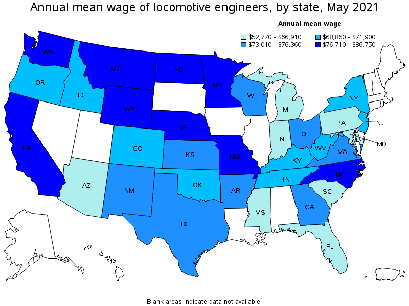 Map of annual mean wages of locomotive engineers by state, May 2021